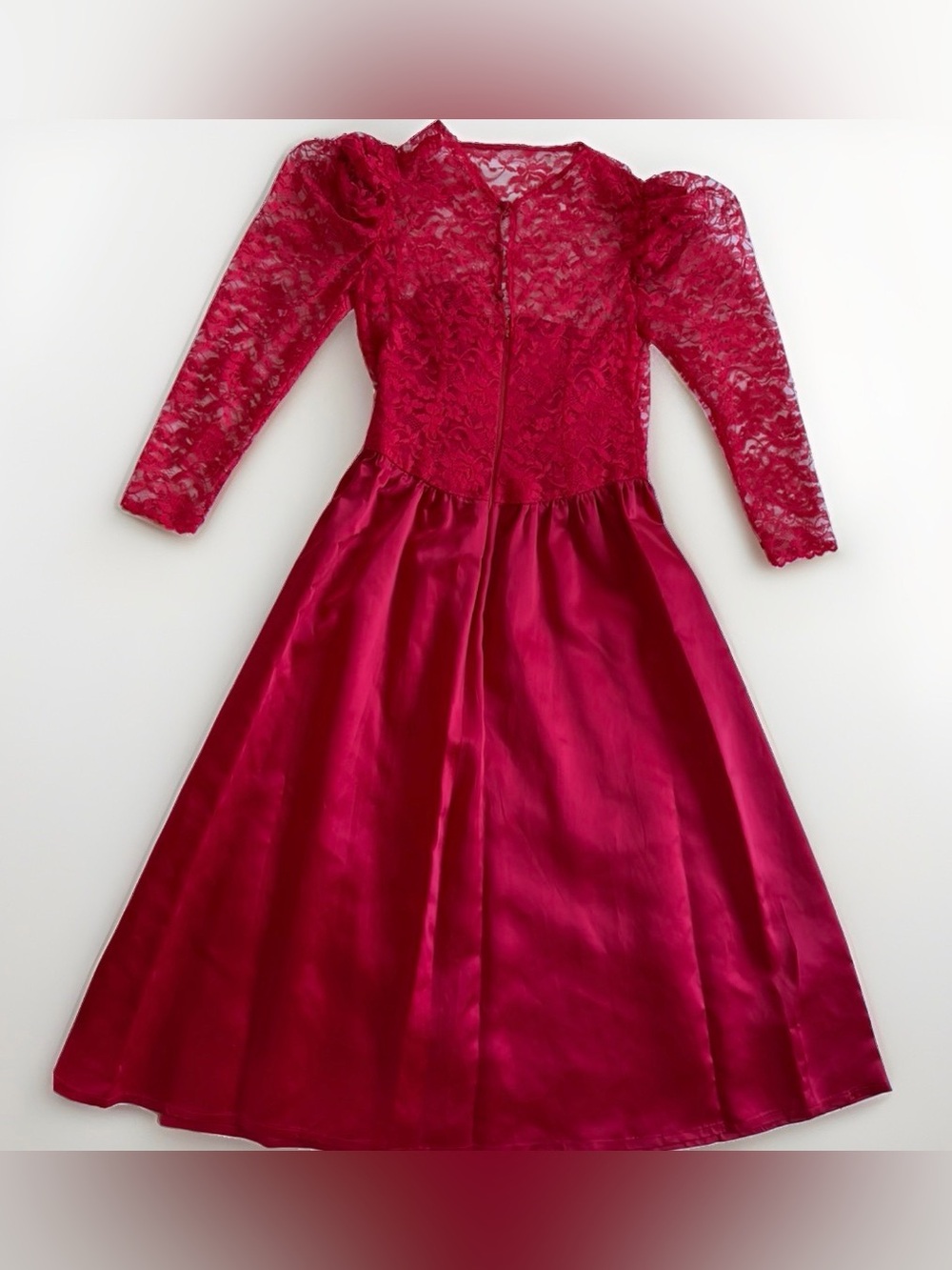Vintage 80s Lace Satin Formal Dress Puff Sleeve Red Prom Homecoming Wedding READ